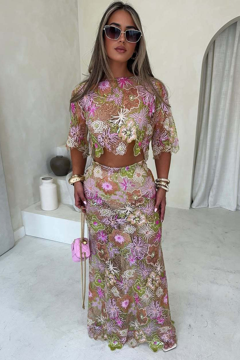 Elina | Women's Embroidery Sequin Summer Party Two-Piece Set
