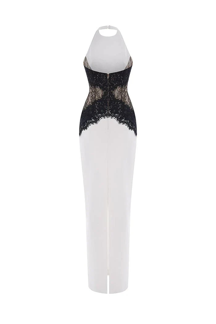 Kaira | Women's High-Neck Halter Backless Lace Maxi Dress